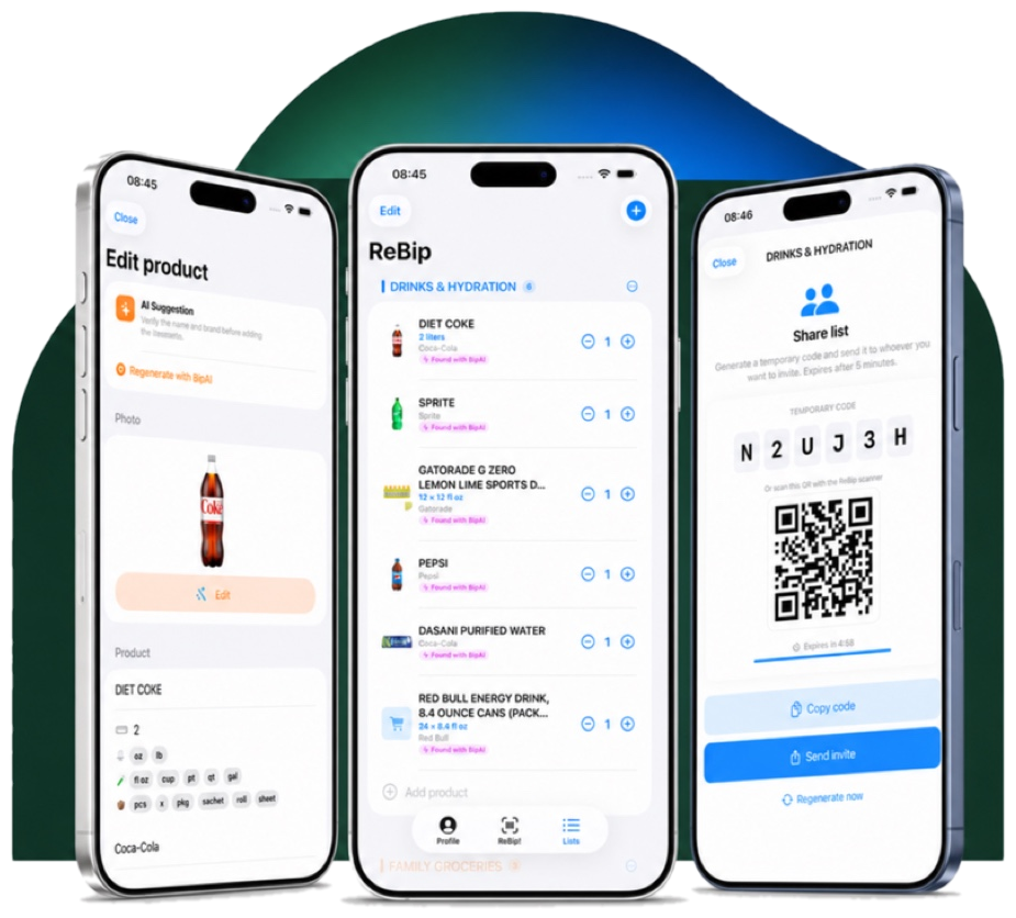 Tre iPhone con schermate reali di ReBip
