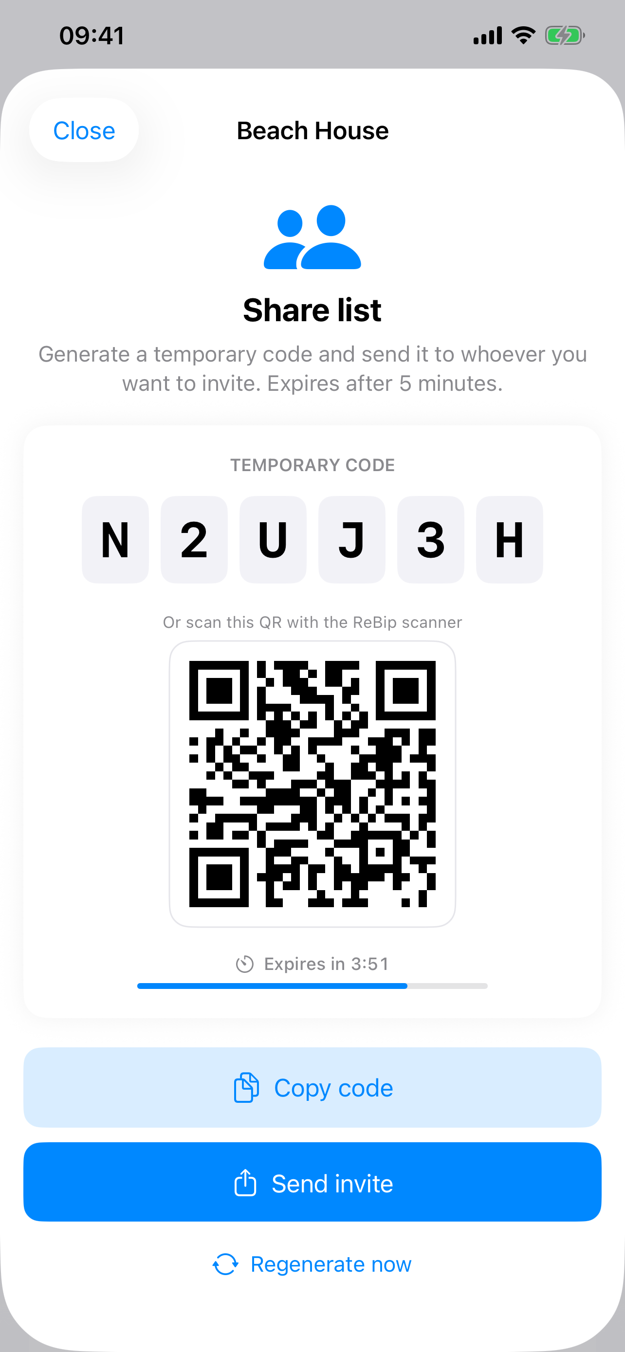 Condivisione lista ReBip con QR code